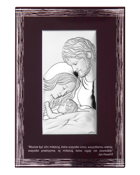 Obrazek z wizerunkiem Św. Rodziny na brązowym prostokątnym panelu